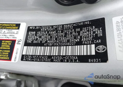 2012 Toyota Camry L from USA, damaged, VIN 4T1BF1FK7CU546227